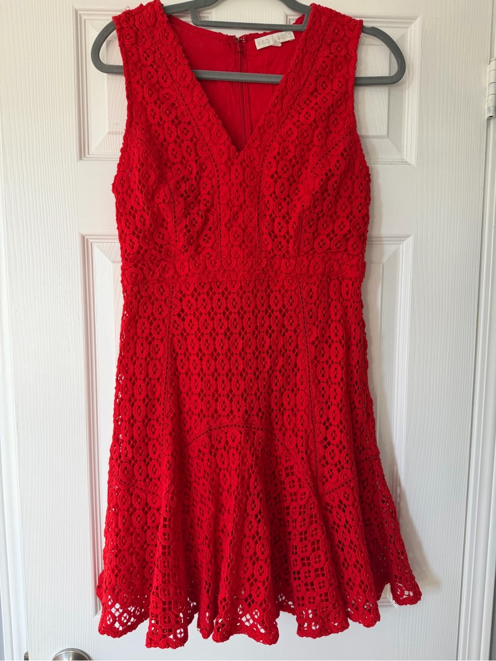 San & Soni Red Sleeveless Lace Fit-and-Flare Dress